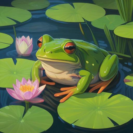 A green frog symbolizing spiritual love, vibrant green tones, serene background of a tranquil pond, soft water reflections, gentle lily pads, warm sunlight filtering through trees, harmonious atmosphere, mystical essence, romantic symbolism, 4k