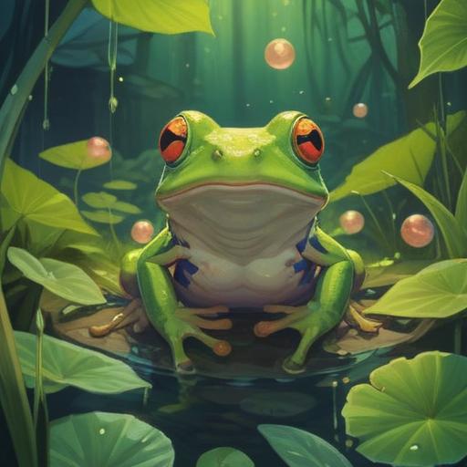 A serene illustration of a green frog symbolizing spiritual love, surrounded by glowing orbs and ethereal plants, showcasing harmonious relationships and a gentle energy, intricate details in the frog's features, soft light filtering through leaves, magical atmosphere, 4k
