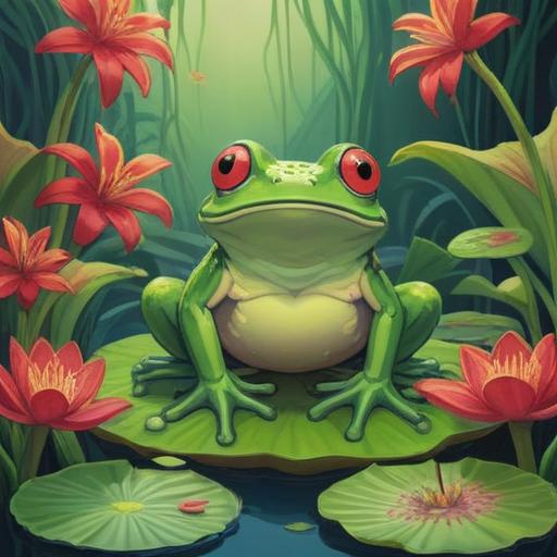 A vibrant illustration of a green frog sitting on a lily pad, surrounded by blooming flowers, symbolizing love and good fortune, natural setting with a sparkling pond, serene atmosphere, cheerful expressions, intricate details, enhancing the concept of luck in love, 4k