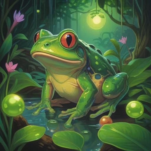 A vibrant green frog symbolizing luck, surrounded by glowing energy orbs, lush foliage in the background, depicting nature's harmony, the frog sitting on a lily pad, emanating a positive aura, tranquil water reflections, capturing the essence of fortune and prosperity, enchanting atmosphere, detailed features, 4k