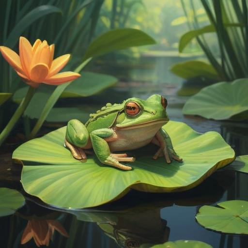 A serene illustration of a green frog perched on a lily pad in a tranquil pond, surrounded by lush greenery and soft, shimmering reflections on the water, symbolizing spiritual growth and transformation, vibrant colors, calming atmosphere, detailed nature elements, gentle light, 4k