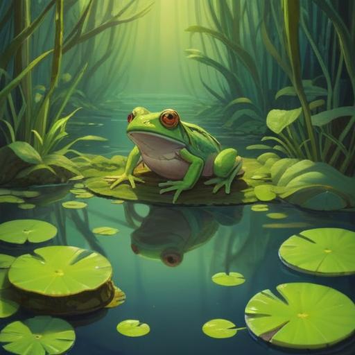 A green frog symbolizing spiritual guidance, surrounded by nature, serene pond, gentle ripples on the water, vibrant green foliage, mystical atmosphere, conveying positive signs, soft light filtering through trees, whimsical and enchanting, 4k