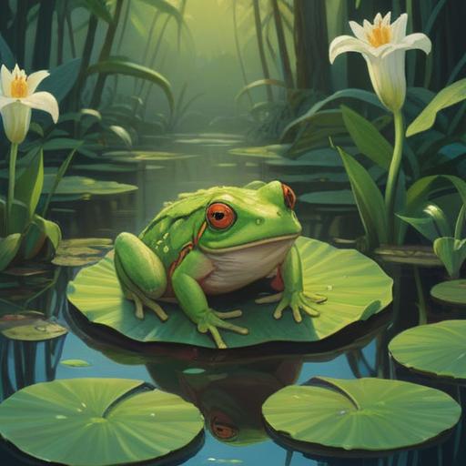 A vibrant green frog sitting on a lily pad, serene pond surrounded by lush greenery, ethereal light illuminating the frog, symbols of spiritual guidance around, calm water reflecting the sky, tranquil atmosphere, inviting nature, 4k