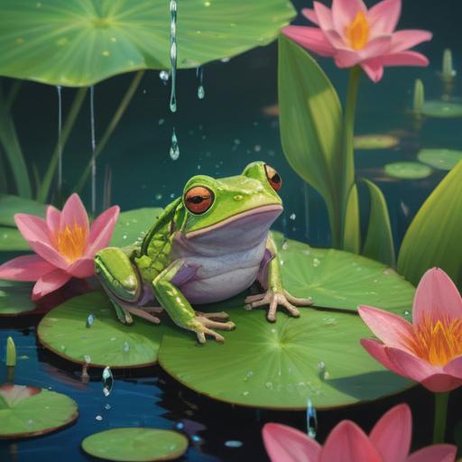 A vibrant illustration of a green frog sitting on a lily pad, surrounded by sparkling water droplets, symbolizing luck and prosperity, lush greenery in the background, gentle sunlight filtering through the leaves, whimsical atmosphere, intricate details on the frog's skin, enchanting reflections in the water, 4k