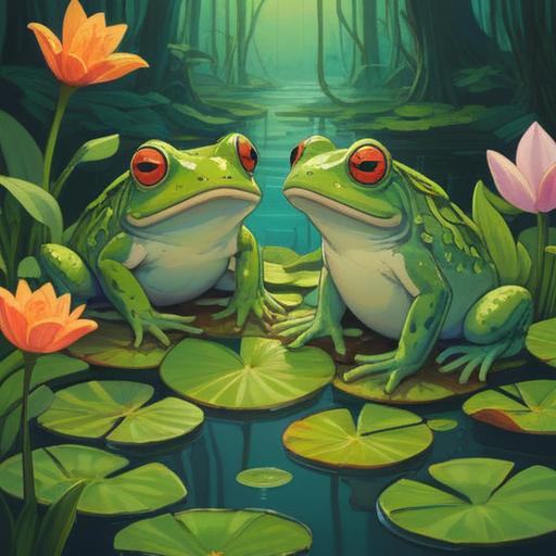 A whimsical scene of two frogs meeting on a lily pad, vibrant green hues, symbolizing a turning point in life, surrounded by blooming water lilies, atmospheric reflections, gentle ripples in the water, warm sunlight filtering through leaves, a sense of hope and new beginnings, 4k