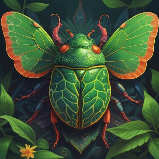 A vibrant green shield bug perched on a lush leaf, surrounded by an aura of spiritual energy, intricate patterns representing harmony and balance, soft light filtering through the foliage, symbolizing growth and renewal, tranquil nature scene, rich greens and earth tones, 4k