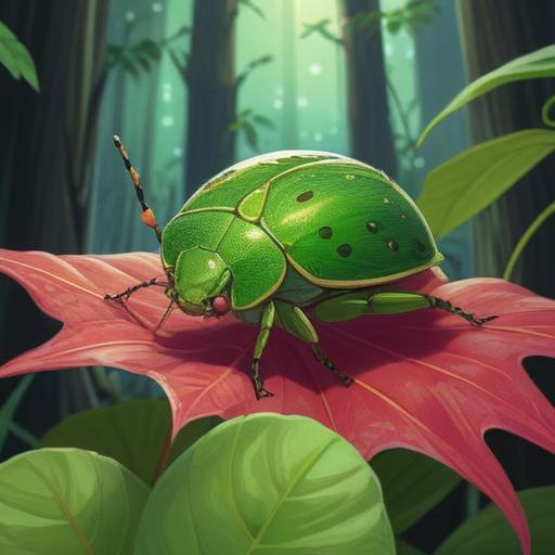 A green stink bug perched on a vibrant leaf, symbolizing spiritual awakening and good omens, surrounded by a serene forest backdrop, ethereal light filtering through the trees, intricate details in the bug's texture and colors, peaceful ambiance, nature's harmony, 4k