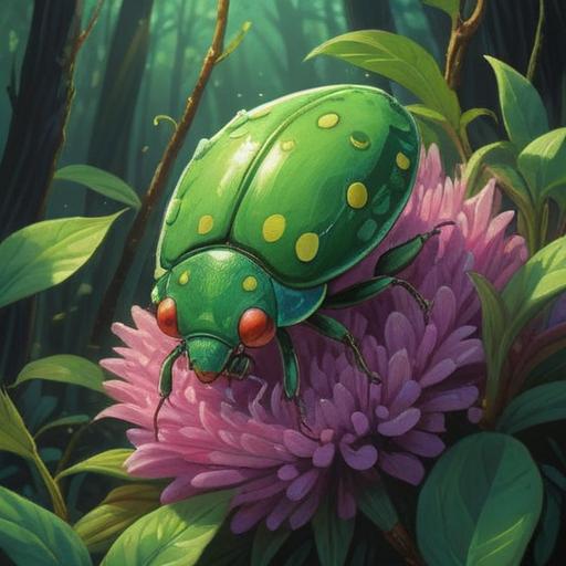 A vibrant illustration depicting a green stink bug symbolizing a spiritual sign, surrounded by lush greenery, symbolic elements like light orbs, mystical aura, serene atmosphere, close-up focus on the bug, nature's harmony, 4k