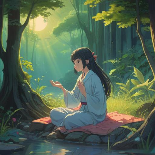 A serene and tranquil scene depicting a person in a meditative pose, surrounded by soft shimmering light, ethereal nature, gentle flowing water, floating leaves, a peaceful aura, the essence of relaxation and spiritual release, harmony with the universe, reflecting deep inner peace, vibrant yet calming colors, 4k