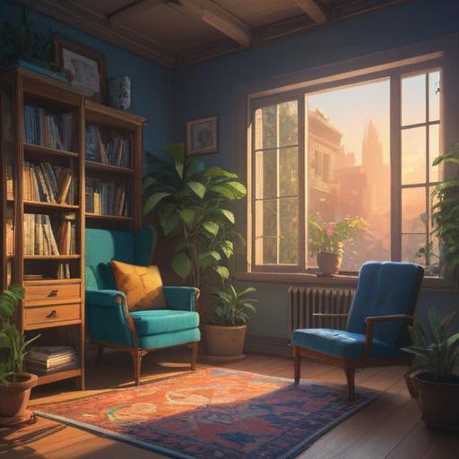 A serene scene illustrating a cozy reading nook, sunlight pouring through the window, a comfortable armchair surrounded by plants, a steaming cup of tea on a side table, open book with pages fluttering, peaceful ambiance, warm colors, inviting atmosphere, 4k