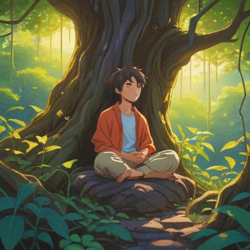 A tranquil scene depicting a person sitting in a serene environment, meditating under a large tree, soft sunlight filtering through the leaves, gentle breeze, symbolic representation of energy restoration, ethereal glow surrounding the figure, peaceful expression, harmonious connection with nature, 4k
