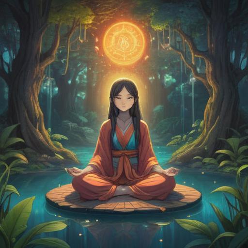 A serene illustration depicting signs of spiritual awareness during low energy, gentle colors, ethereal symbols appearing around a meditating figure, soft glow illuminating the surroundings, tranquil nature setting with lush greenery, calming atmosphere, depiction of energy flow, mindfulness theme, 4k