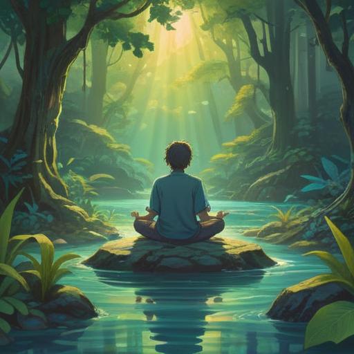 A serene and calming illustration of a person meditating in a tranquil nature setting, surrounded by lush greenery and flowing water, rays of sunlight filtering through the leaves, a gentle breeze creating a peaceful atmosphere, embodied emotions of healing and rejuvenation, representing inner strength and balance, harmonious color palette, 4k