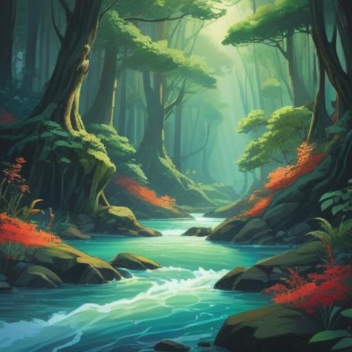 A serene landscape showcasing a flowing river, symbolizing good energy and spiritual connection, vibrant greenery surrounding the water, gentle sunlight filtering through trees, a sense of peace and tranquility, harmonious elements merging in nature, soft reflections on the water, ethereal atmosphere, 4k