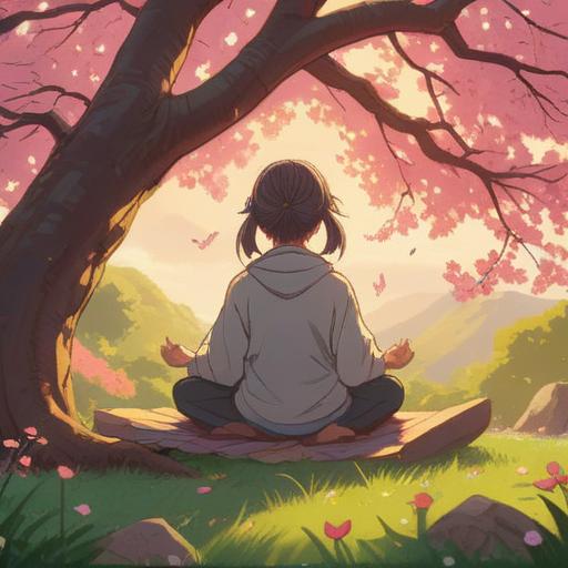 A serene and inspiring scene of personal growth, a person meditating under a blossoming cherry tree, gentle sunlight filtering through the branches, surrounded by blooming flowers, a path leading towards a bright horizon, symbols of success and positivity, calm and reflective atmosphere, 4k