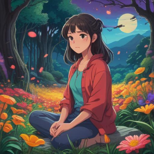 A serene landscape infused with aromatic flowers, vibrant colors, swirling ethereal lights, a peaceful figure meditating, surrounded by nature's beauty, soft golden glow, representing spiritual awakening and positive energy, tranquil atmosphere, harmonious connection with nature, 4k