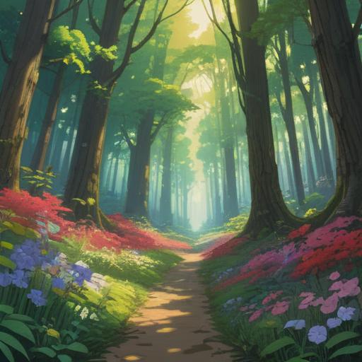 A serene scene depicting a peaceful forest, soft sunlight filtering through the trees, vibrant flowers releasing fragrant scents, a gentle breeze carrying the aroma, ethereal glow surrounding the plants, a feeling of tranquility and spiritual awakening, subtle hints of mindfulness and positive energy, harmonious nature, 4k