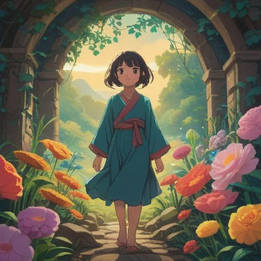 A serene scene of a person discovering a hidden lucky item, vibrant flowers surrounding them, a gentle breeze carrying pleasant scents, sunlight filtering through leaves, joyful expression, sense of wonder, rich colors, detailed background, 4k