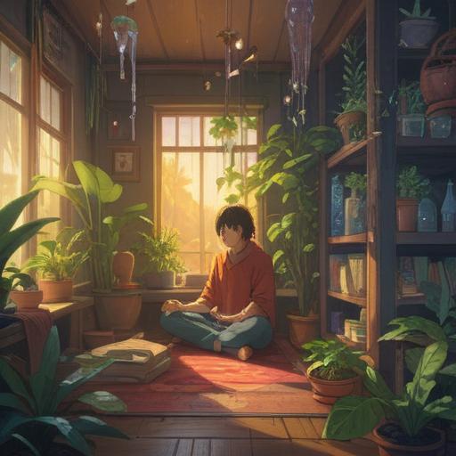 A serene and peaceful indoor scene, a person meditating in a cozy corner, surrounded by plants and calming crystals, soft sunlight filtering through a window, warm colors promoting a sense of tranquility, an open notebook with positive affirmations nearby, a feeling of mindfulness and intention, inviting energy and hope, 4k