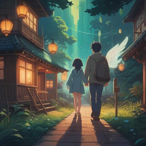 A serene scene depicting the moment of parents' departure, soft light illuminating an ethereal path, symbols of spiritual guidance in the air, a gentle breeze carrying leaves, a sense of hope and new beginnings, vibrant colors reflecting emotions, tranquil atmosphere, 4k