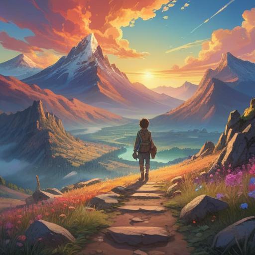A serene landscape depicting a traveler standing at the edge of a vast mountain range, sunrise illuminating the path ahead, emotions of hope and excitement, symbolizing new beginnings and adventures, a backpack resting by their side, gentle breeze carrying the scent of nature, vibrant colors of dawn, 4k