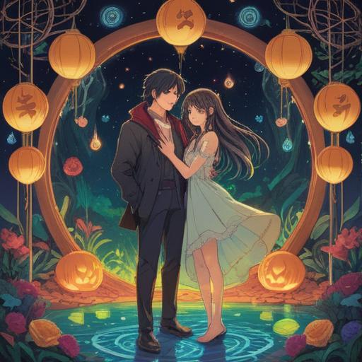 A spiritually enlightening scene depicting two intertwined tickets symbolizing mutual love, vibrant colors, ethereal glow, surrounded by mystical symbols and calming nature elements, a serene setting with soft light filtering through trees, representing hope and connection, harmonious atmosphere, 4k