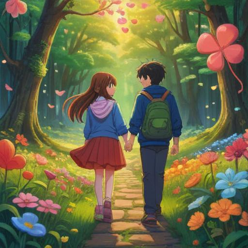 A romantic scene featuring two characters joyfully holding hands, celebrating their love, surrounded by lucky charms like four-leaf clovers and shooting stars, warm sunlight illuminating the scene, vibrant colors, cheerful atmosphere, expressive facial features, peaceful park setting, happiness and love depicted beautifully, 4k