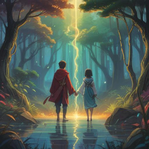 A serene illustration depicting two souls connected by a glowing thread, standing on opposite sides of a mystical landscape, ethereal light surrounding them, a sense of longing in their expressions, soft pastel colors, celestial elements like stars and moonlight, intricate details in their clothing symbolizing their bond, an otherworldly atmosphere, harmonious yet distant, conveying both hope and sadness, 4k