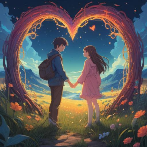 A serene and mystical illustration depicting two intertwined hearts, glowing brightly in a celestial landscape, soft ethereal light surrounding them, symbols of love and connection in the background, vibrant colors reflecting harmony, spiritual elements like auras and energies, peaceful and uplifting atmosphere, conveying a sense of everlasting affection, 4k