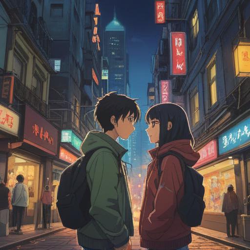 A heartfelt scene of two characters sharing a moment in a bustling city, tender glances exchanged, surrounded by a vibrant atmosphere, lucky number symbols subtly integrated into the background, a bittersweet feeling, showcasing the depth of their unrequited love, soft evening light, capturing a sense of longing, 4k