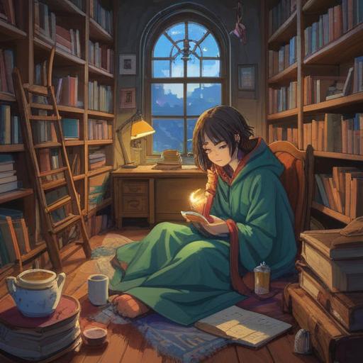 A cozy indoor scene, a person wrapped in a blanket, sipping herbal tea, surrounded by books and a laptop, soft light filtering through the window, a warm and inviting atmosphere, showcasing the unexpected opportunities of staying home, casual and relaxed mindset, 4k