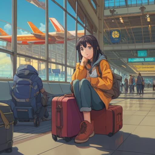 A serene illustration depicting a traveler pausing at an airport, surrounded by unexpected delays and baggage issues, a sense of calm and acceptance in their expression, ethereal light shining down symbolizing guidance, subtle hints of spiritual elements like feathers or glowing orbs nearby, lush travel posters in the background, warm and inviting colors, a feeling of hope and reassurance, 4k