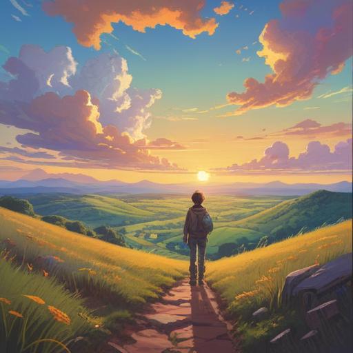 A serene landscape depicting a traveler gazing at a distant horizon, soft pastel colors, gentle sunrise illuminating rolling hills, a sense of adventure and yearning, spiritual symbols subtly integrated into the scenery, ethereal atmosphere, uplifting energy, 4k