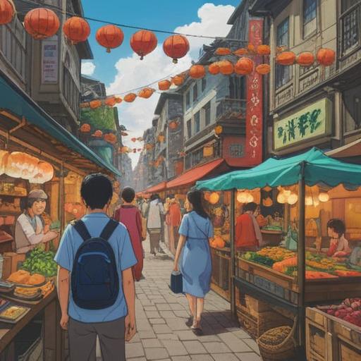 A vibrant travel scene depicting diverse people engaging in unique cultural experiences, exploring local markets, participating in traditional festivals, enjoying local cuisine, interacting with locals, capturing moments with photography, creating memories, immersive adventure, warm sunlight, a sense of joy and discovery, 4k