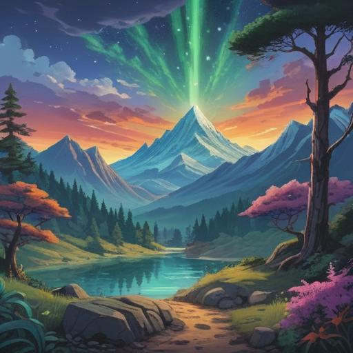 A captivating scene of a traveler witnessing spiritual signs during their journey, mystical symbols appearing in the sky, serene landscape with mountains and forests, a calm river flowing, soft glowing lights surrounding the traveler, deep connection to nature, moments of reflection and wonder, vibrant colors, 4k