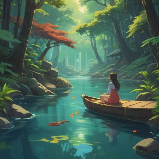 A serene scene depicting a traveler relaxing in a peaceful natural setting, surrounded by lush greenery and gentle flowing water, a woman reflecting, meditating, soft sunlight filtering through leaves, symbols of spiritual guidance subtly placed around, gentle breeze creating a calming atmosphere, vibrant colors, 4k