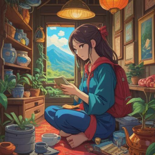A serene travel scene, depicting a woman enjoying her journey despite her menstruation, surrounded by lucky items like herbal tea, pain relief patches, and a cozy blanket, vibrant landscape in the background, providing a sense of comfort and positivity, travel essentials neatly arranged, 4k