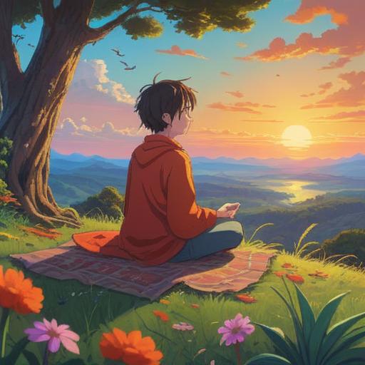 A serene landscape embodying the joy of traveling, a traveler meditating in nature, vibrant sunrises and sunsets, symbols of spiritual growth around, lush greenery and mountains in the background, a sense of peace and exploration, inviting atmosphere, harmonious colors, 4k