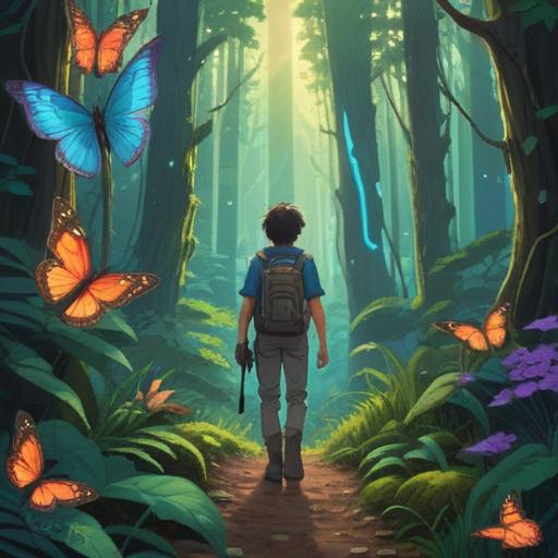 A serene travel scene featuring a hiker pausing to observe a glowing butterfly, surrounded by lush forest, ethereal light filtering through the trees, subtle signs like feathers and stones marking spiritual paths, a sense of tranquility and connection to nature, vivid colors, 4k