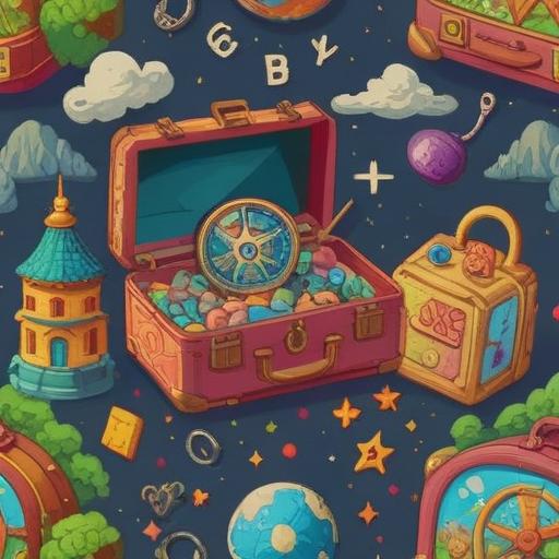 A whimsical illustration of travel-themed lucky charms, vibrant colors, various iconic travel symbols like a compass, a suitcase, a globe, and lucky coins, surrounded by a beautiful landscape featuring famous landmarks, a sunny sky, cheerful travelers enjoying their adventures, 4k