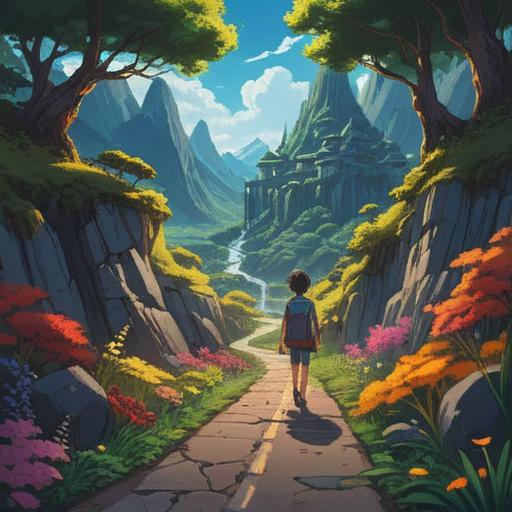 A traveler facing continuous troubles during their journey, symbolizing spiritual growth, a winding road filled with obstacles, mystical elements surrounding the scene, reflective expressions on the traveler's face, vibrant colors, a blend of uncertainty and enlightenment, 4k