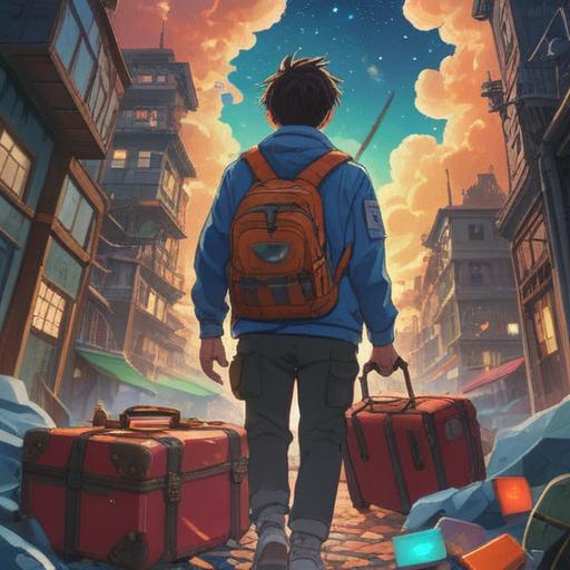 A traveler looking up at a starry sky, surrounded by chaotic luggage and broken travel gear, glowing symbols of spirituality hovering above, illuminating their face, serene expression amidst the turmoil, representing hope and good signs, vibrant colors, detailed landscape, surreal atmosphere, 4k