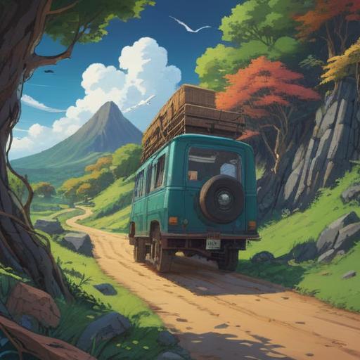 A surreal illustration depicting spiritual growth through travel troubles, a traveler facing unexpected obstacles on a winding road, vibrant colors symbolizing changes, mystical elements like floating orbs illuminating the path, reflections of inner struggles and revelations, a lush landscape transitioning from chaos to harmony, 4k