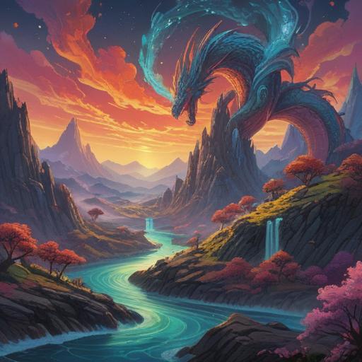 A mystical landscape depicting a flowing dragon vein, shimmering energy lines radiating from the ground, vibrant colors representing spiritual signs, ethereal creatures surrounding the dragon vein, serene atmosphere filled with positive energy, harmonious connection between nature and spirituality, intricate details in the environment, 4k