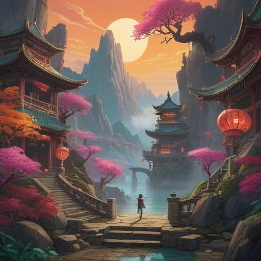 A mystical scene depicting lucky objects associated with dragon veins, ancient Chinese symbols, vibrant colors, intricate designs, natural elements like mountains and rivers, harmonious energy flow, spiritual essence, serene atmosphere, rich cultural heritage, 4k