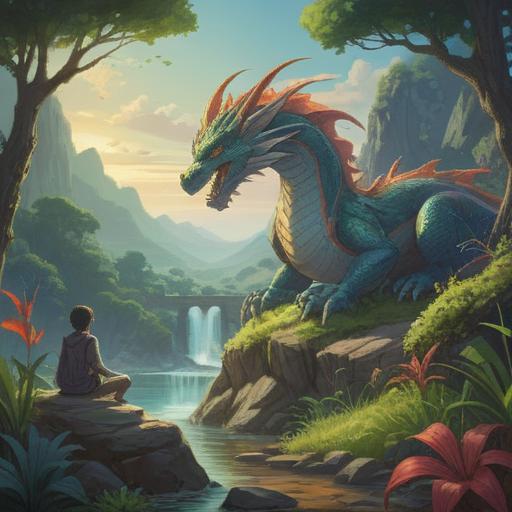A serene landscape with flowing energy lines symbolizing dragon veins, a peaceful figure meditating in nature, soft morning light filtering through lush trees, vibrant greenery, a tranquil pond reflecting the sky, harmonious balance of mind and spirit, soothing colors, calming atmosphere, 4k