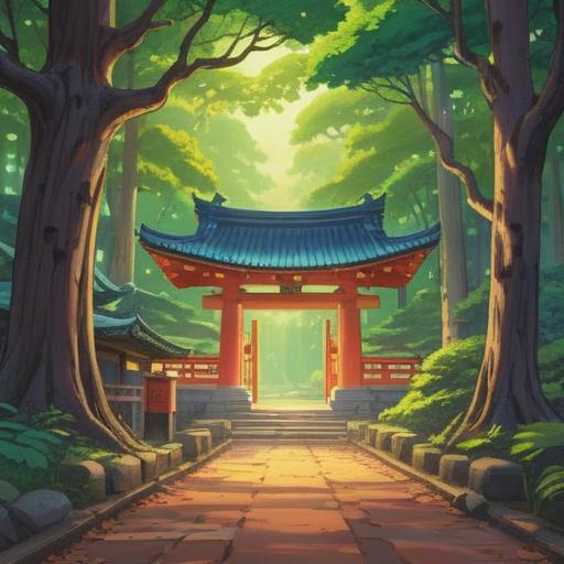 A serene illustration of the Tatsuta Shrine, ancient trees surrounding the shrine, ethereal light filtering through the leaves, peaceful atmosphere, reflection of spirituality and traditional Japanese culture, harmonious integration of nature and spirituality, intricate shrine architecture, tranquil path leading to the shrine, sense of divinity and reverence, 4k