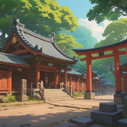 A serene landscape of Tatsuta Shrine, surrounded by lush greenery and ancient trees, a mystical aura, soft sunlight filtering through the leaves, sacred symbols subtly integrated into the scenery, visitors in contemplation, a tranquil river flowing nearby, spiritual signs like feathers and stones scattered, a path leading to the shrine, harmonious atmosphere, 4k