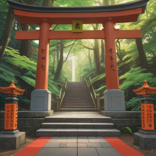 A serene scene at Tatsuta Shrine after a visit, showing a lucky charm with intricate patterns, surrounded by lush greenery, gentle sunlight filtering through the trees, Japanese traditional architecture in the background, peaceful atmosphere, cultural significance, vibrant colors, high detail