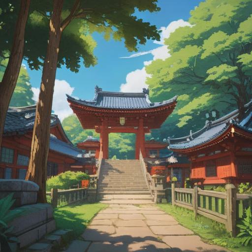 A serene illustration of Tatsuta Shrine, lush greenery surrounding the shrine, a clear blue sky, traditional Japanese architecture, visitors praying for good fortune, symbolic items representing luck and success, peaceful atmosphere, intricate details, vibrant colors, 4k